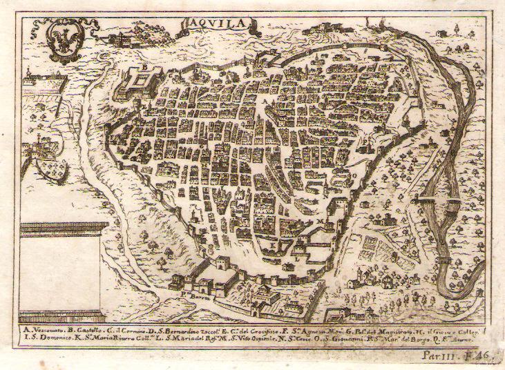 La città de L'Aquila come appariva prima del terremoto del 1703 che la rase al suolo quasi completamente