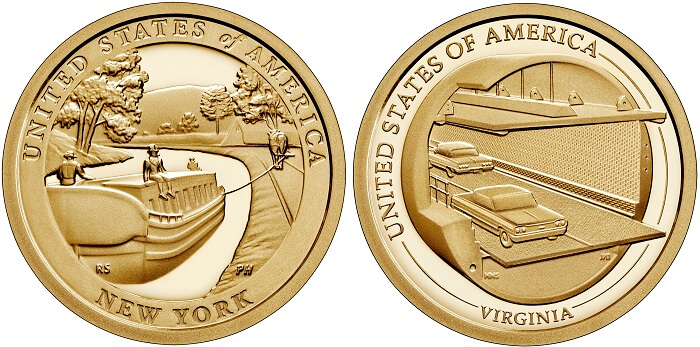 Opere di ingengeria dei trasporti di ieri e di oggi sui dollari dedicati allo Stato di New Your e alla Virginia: la US Mint produce queste monete commemorative sia in versione fior di conio che proof