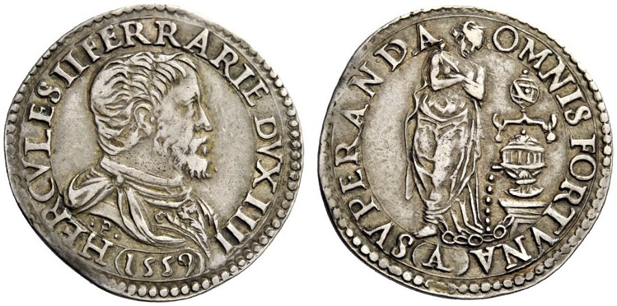 Un esemplare di ottima conservazione del testone (o quarto di scudo) ferrarese del 1559 con l'allegoria della Pazienza, amatissma dal duca Ercole II e derivata dal dipinto del Vasari realizzato pochi anni prima Un esemplare di ottima conservazione del testone (o quarto di scudo) ferrarese del 1559 con l'allegoria della Pazienza, amatissma dal duca Ercole II e derivata dal dipinto del Vasari realizzato pochi anni prima