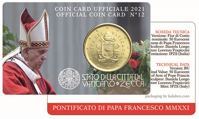 Come consuetudine, la coincard del Vaticano ospita la moneta da 50 centesimi di fresco conio ed è illustrata con un ritratto fotografico del pontefice che, eletto il 13 marzo 2013, è entrato nel suo nono anno di pontificato