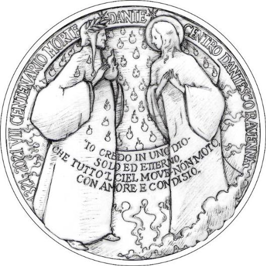 Sul rovescio della medaglia, Salzano fa incontrare Dante e Beatrice in una composizione moderna e al tempo stesso profondamente classica nei suoi simboli, nel gusto, nell'uso delle iscrizioni
