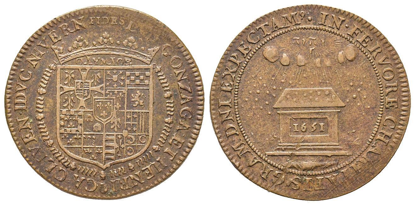 Gettone in rame del 1651 per la Fondazione "Filles Madame" creata e sostenuta dai Gonzaga-Nevers per favorire il matrimonio delle fanciulle povere (g 6,12 per mm 27,7)