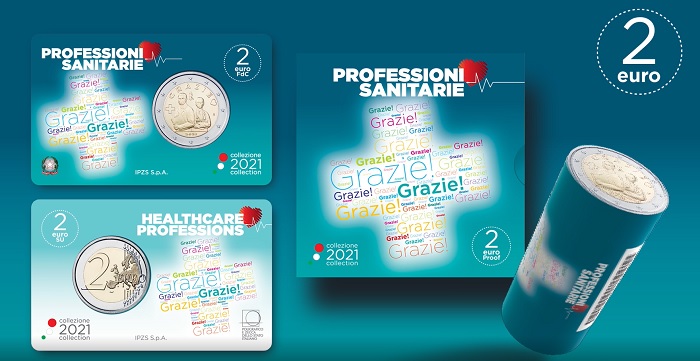 Coincard per la fior di conio, astuccio e capsula per la proof, e infine un rotolino speciale da 25 pezzi: queste le tre confezioni in cui è disponibile dal 22 giugno la 2 bimetallica da euro Professioni sanitarie emessa dall'Italia