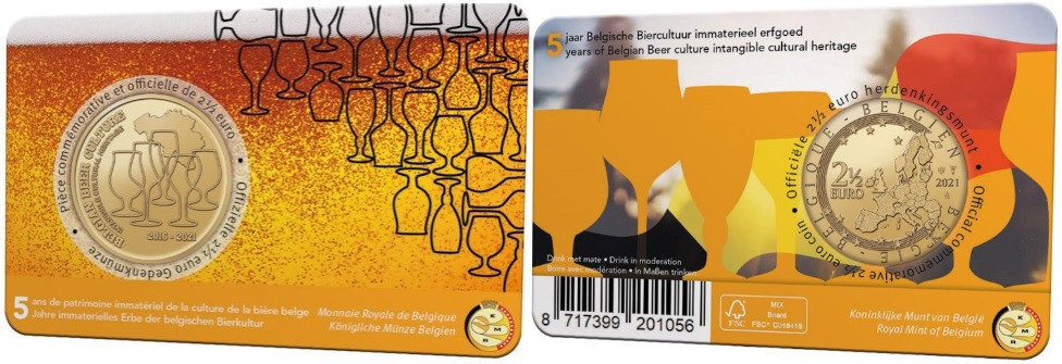 Una coincard coloratissima per la moneta che celebra la birra belga, Patrimonio immateriale dell'umanità riconosciuto dall'Unesco nel 2016