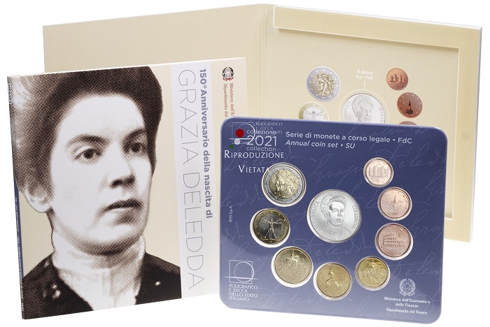 La confezione speciale in cui MEF e IPZS propongono la serie divisionale di monete italiane fior di conio 2021 con la moneta in argento dedicata al Premio Nobel Grazia Deledda La confezione speciale in cui MEF e IPZS propongono la serie divisionale di monete italiane fior di conio 2021 con la moneta in argento dedicata al Premio Nobel Grazia Deledda
