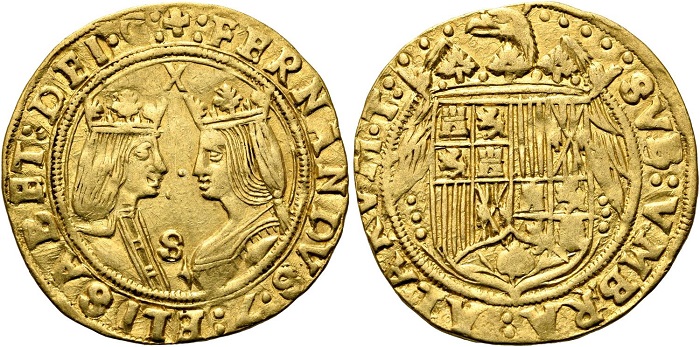 Doppio "excellente" senza data coniato dalla zecca spagnola di Siviglia: al peso di circa 6,94 grammi, divenne una delle monete d'oro europee più diffuse e apprezzate XV e XVI secolo