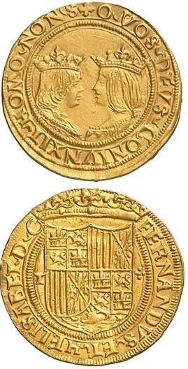 Un "excellente" (ducato d'oro) a nome di Ferdinando d'Aragona e Isabella di Castiglia, i "Re cattolici"