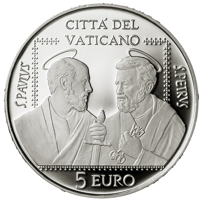 La mite forza della fede cristiana si riflette nei volti dei santi Pietro e Paolo modellati da Patrizio Daniele per i 5 euro in argento proof della Zecca del Vaticano emessi il 25 giugno scorso