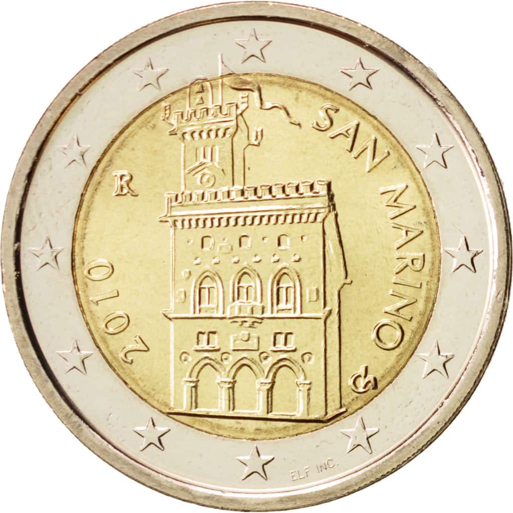 I 2 euro sammarinesi prima serie con, sulla faccia nazionale, il Palazzo Pubblico. Ma la statua di san Marino dov'è?