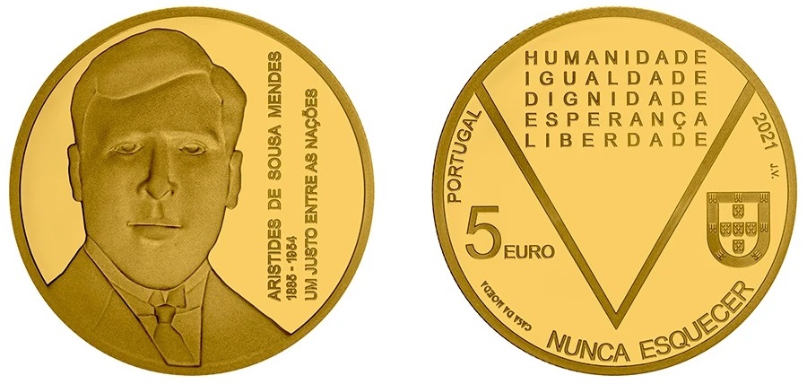 La versione in oro dei 5 euro dedicati dal Portogallo ad Aristides de Sousa Mendes, diplomatico e salvatore di circa 30.000 persone all'inizio della Seconda guerra mondiale