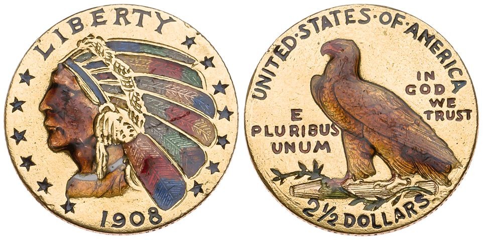 Una "piccola" della serie in oro americana di inizio XX secolo, i 2 dollari e mezzo dalle impronte in incuso, trasformata in esercizio di bravura da un abile smaltatore 