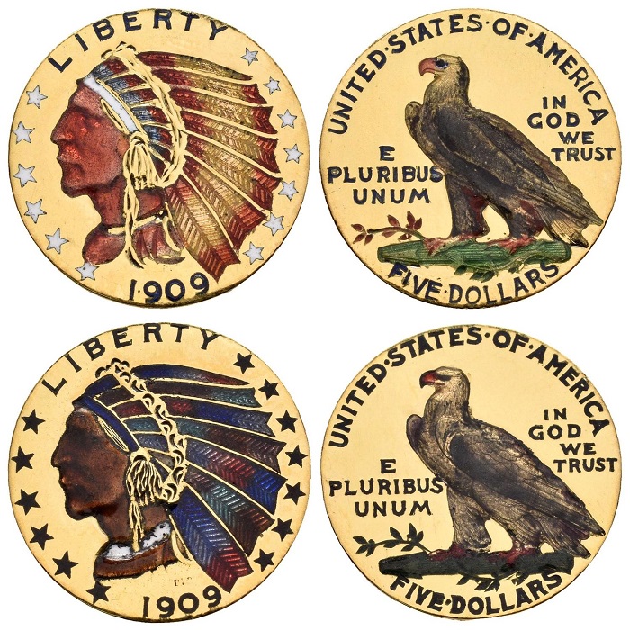 Sono probabilmente opera di uno stesso "artista degli smalti" questi due esemplari di 5 dollari oro del 1909 con tonalità diverse dei piumaggi sui copricapi del pellerossa 