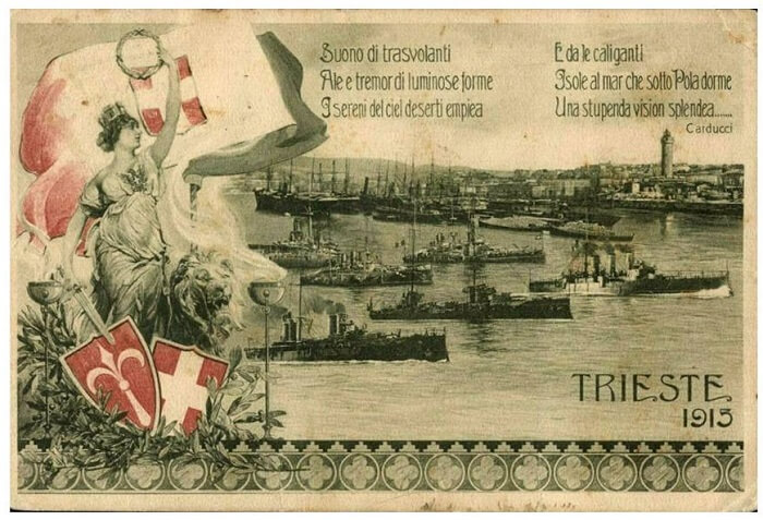 Fig. 3 | Cartolina italiana di propaganda bellica che, all'inizio del conflitto, già inneggia ad una conquista di Trieste irredenta con i versi del poeta Giosuè Carducci