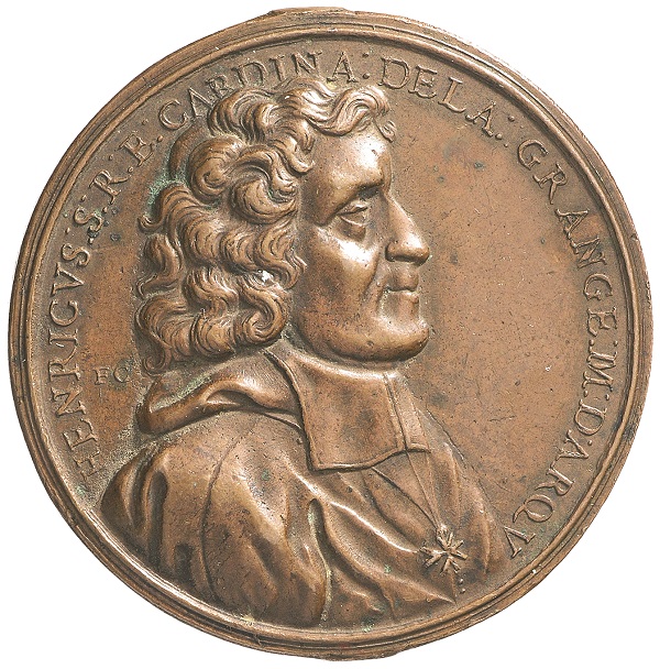 Il rovescio della medaglia con ritratto di Henry de la Grange, marchese di Arquien, padre di Maria Casimira e cardinale diacono col titolo di San Nicola in Carcere