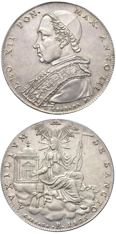 Scudo romano in argento coniato a Bologna nel 1826 a nbome di Leone XII: l'occhio divino, simbolo religioso ma anche della massoneria, campeggia al rovescio
