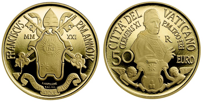 Sui 50 euro in oro dedicati a Clemente XI, al rovescio, un ritratto e lo stemma del papa urbinate