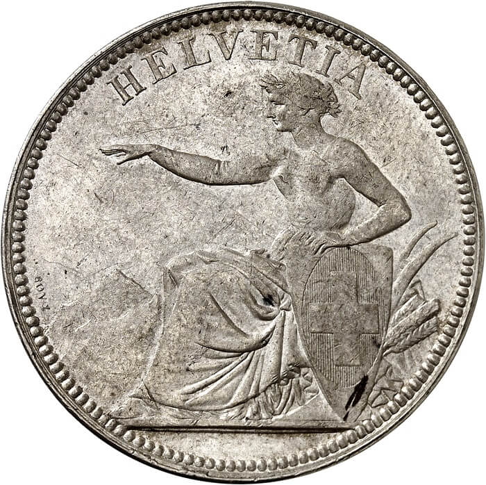 Il dritto dell'eccezionale 5 franchi coniato a Berna nel 1886: si tratta della più rara moneta d'argento di massimo modulo dell'Unione monetaria latina, solo 5 esemplari di cui 3 in musei e 2 in mani private