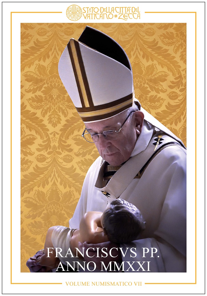 Come tradizione, il frontespizio del Volume numismatico 2021, il settimo della serie, riporta un bel ritratto fotografico di papa Francesco