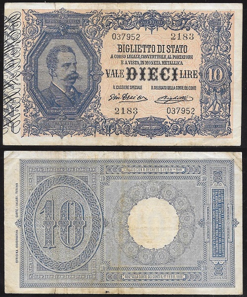 Un esemplare di biglietto di Stato da 10 lire del 1888