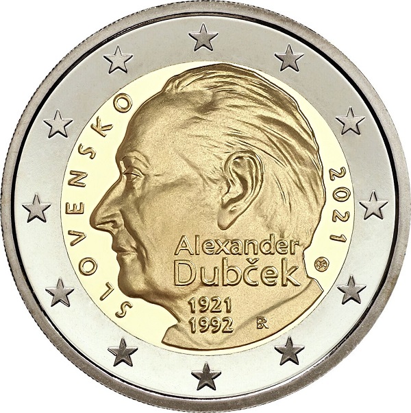Alexander Dubček, di profilo, è ritratto sui 2 euro appena emessi da Praga nel centenario della nascita dello statista