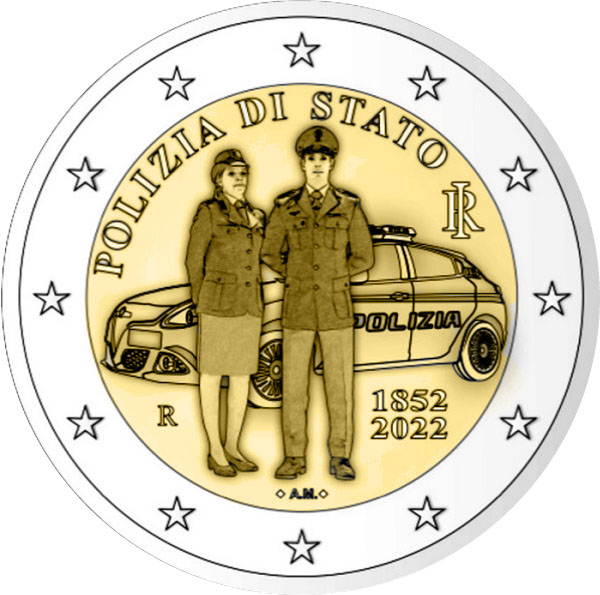 Due agenti in divisa e una volante Alfa Romeo sul bozzetto in anteprima della 2 euro 2022 che renderà onore ai 170 anni della Polizia di Stato