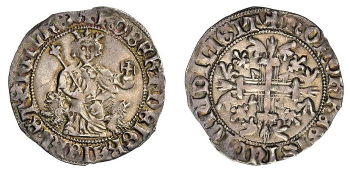 Un bell'esemplare di gigliato d'argento a nome di Roberto d'Angiò, la moneta più nota, rappresentativa e collezionata di questo sovrano napoletano del XIV secolo