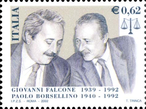 Il francobollo italiano da € 0,62 emesso nel 2002 in ricordo di Falcone e Borsellino