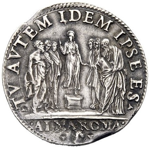 La scena evangelica di Gesù tra i dottori al rovescio della moneta: il Messia, dodicenn, è in piedi su un piedistallo al centro della composizione
