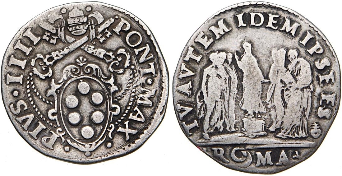 La versione a nome di Pio IV Medici del testone in argento, zecca di Roma, raffigurante Gesù nel Tempio, in mezzo ai dottori, con legenda TV AVTEM IDEM IPSE ES