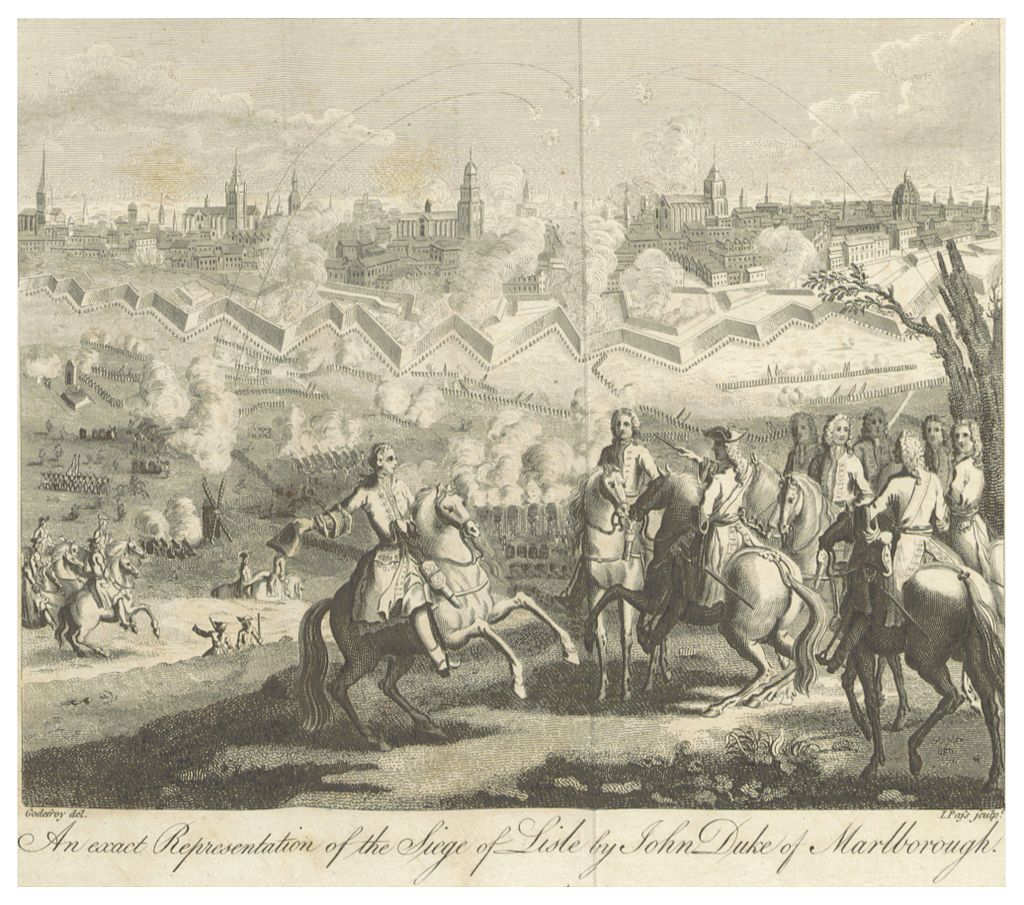 Una stampa di inizio XVIII secolo che mostra "un esatta rappresentazione dell'assedio di Lilla" con, in primo piano, i protagonisti fra cui il duca di Marlborough