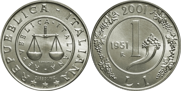 Le riedizione in argento della lira Cornucopia coniata nel 2001, nella serie dedicata all'addio alla lira italiana