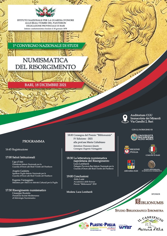 "Numismatica del Risorgimento" è il tema dell'incontro di Bari nel corso del quale sarà premiata Maria Caltabiano