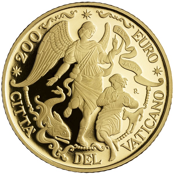 L'arcangelo Raffaele e Tobia sui 200 euro vaticani in oro proof emessi in soli 499 esemplari il 6 dicembre