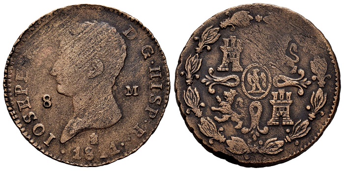 Moneta da 8 maravedis in rame fatta coniare in Spagna da Giuseppe Napoleone usando il bronzo ricavato dalle campane delle chiese: un altro amuleto numismatico Moneta da 8 maravedis in rame fatta coniare in Spagna da Giuseppe Napoleone usando il bronzo ricavato dalle campane delle chiese: un altro amuleto numismatico