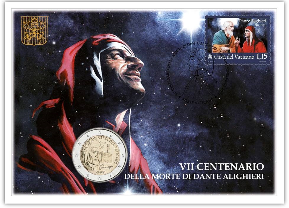 La busta filatelico numismatica del Vaticano dedicata a Dante Alighieri per il settimo centeanrio della morte: comprende la moneta da 2 euro e un francobollo speciale