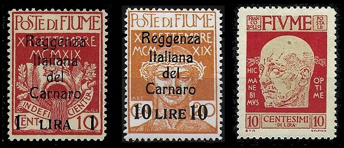 Tre francobolli delle Poste di Fiume utilizzati come spiccioli, nel periodo della Reggenza del Carnaro, a causa della carenza di moneta metallica