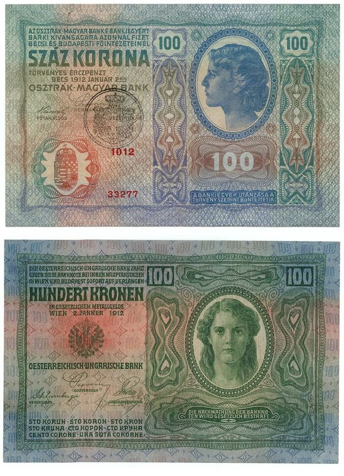 Banconota austro ungarica da 100 corone con timbro recante lo stemma sabaudo: gli studiosi italiani di cartamoneta sono discordi nell'attribuzione di queste timbrature a Fiume
