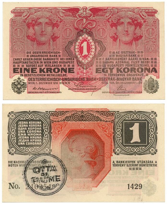 Banconota da una corona dell'ex Impero austro ungarico con timbro circolare recante due ornati e la dicitura CITTA' DI FIUME su tre righe