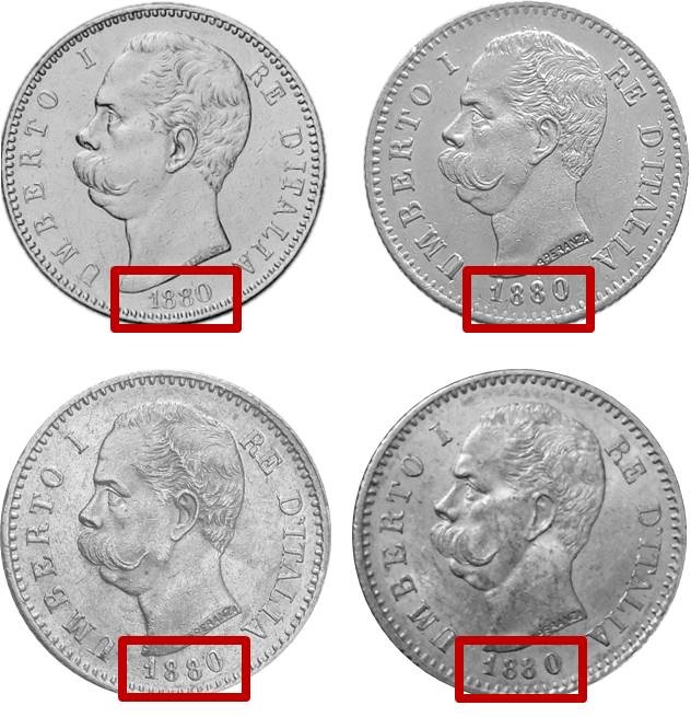 Le quattro varianti di data nelle 20 lire 1880 di Umberto I che siamo riusciti a censire: piccole differenze che, tuttavia, a nostro parere non cambiano la rarità di una moneta facilmente reperibile