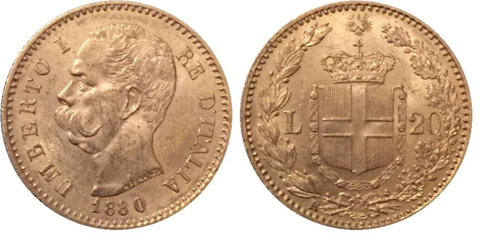 La moneta da 20 lire segnalata dal nostro lettore: con questa data, il 1880, ne furono coniati 128.808 esemplari