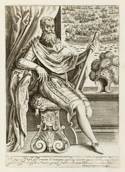Sebastiano Venier con il bastone del comando della flotta veneziana a Lepanto: con quel momento di gloria si posero le basi della sua ascesa alla carica di doge
