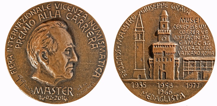 Giuseppe Grava, 2014: medaglia con autoritratto in ricordo del premio alla carriera (Ae, mm 100)