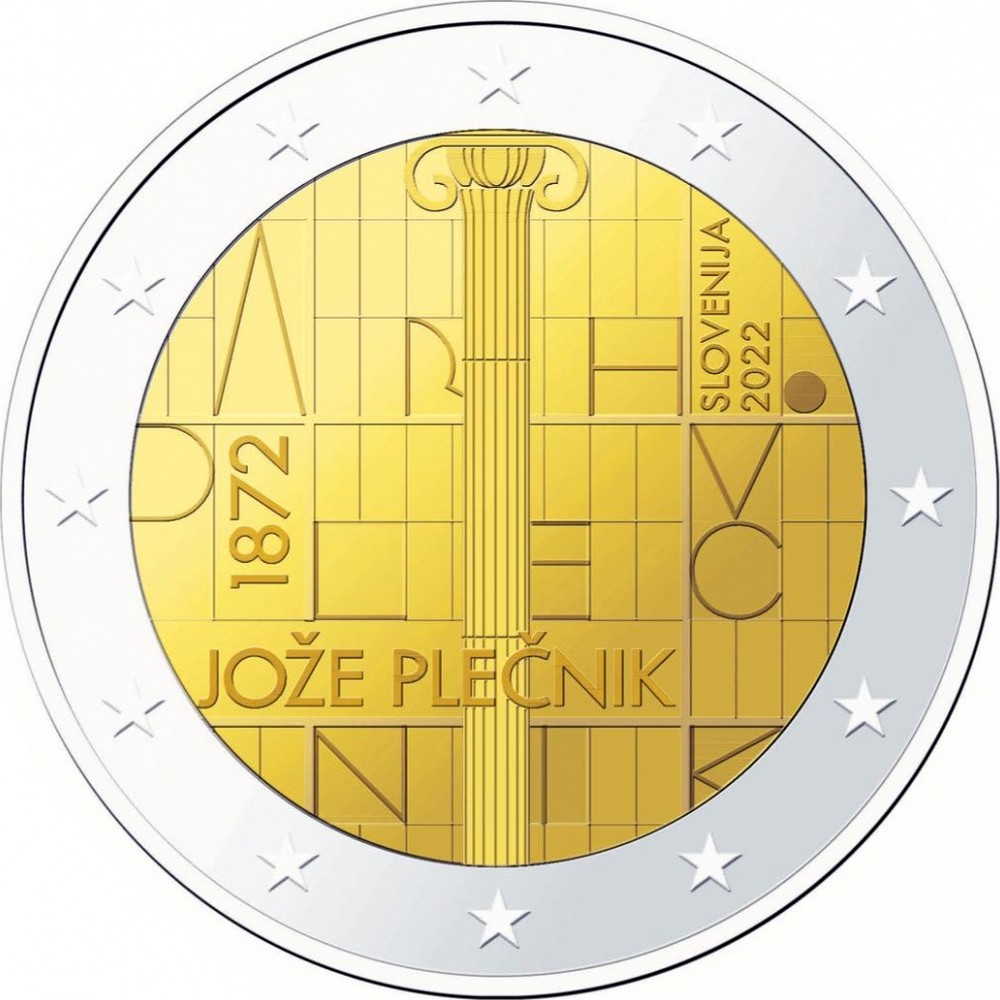 I 2 euro appena emessi dalla Slovenia per celebrare i 150 anni dalla nascita del visionario architetto Jože Plečnik: un milione di esemplari per una moneta sinmbolica e moderna
