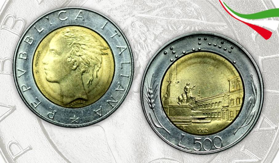 un esemplare di moneta da 500 lire millesimata 1982: la prima bimetallica di circolazione al mondo parla italiano e porta la firma di Laura Cretara