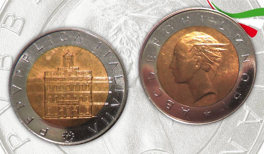 Esperimento bimetallico con le caratteristiche metrico ponderali della 500 lire ma con, al "dritto", la facciata di Montecitorio invece del Quirinale
