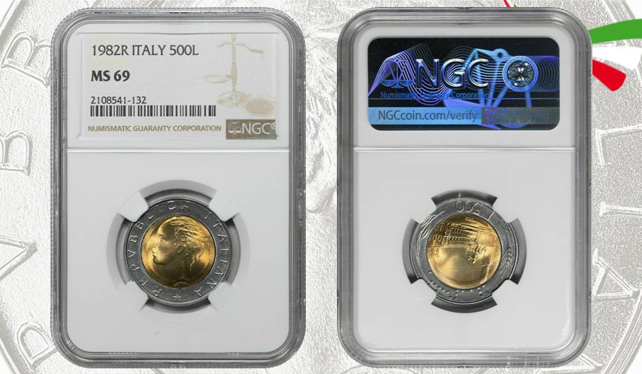 Perfino in slab NGC: ecco un esemplare da 500 lire del 1982 sigillato dalla società di grading americana e classificato MS 69, ai limiti della perfezione