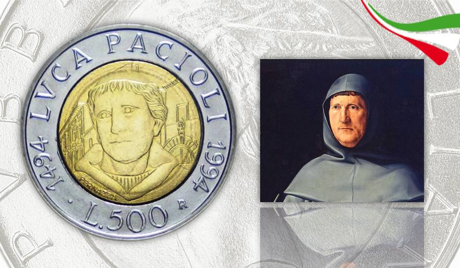 Luca Pacioli, genio rinascimentale della matematica applicata, fra l'altro, ad economia e finanza è protagonista delle 500 lire commemorative del 1994
