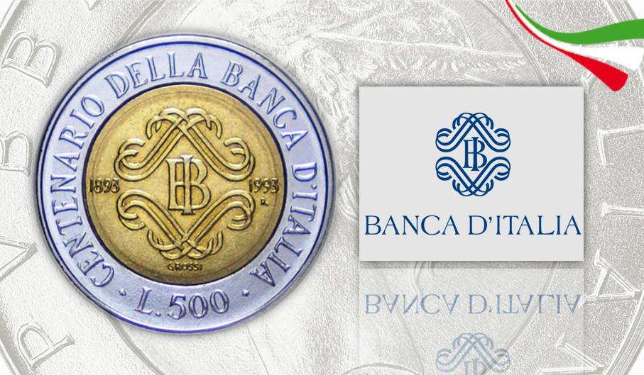Il monogramma ornato della Banca d'Italia impresso sulla prima 500 lire commemorativa di circolazione, quella del 1993 per il secolo dalla fondazione dell'istituto
