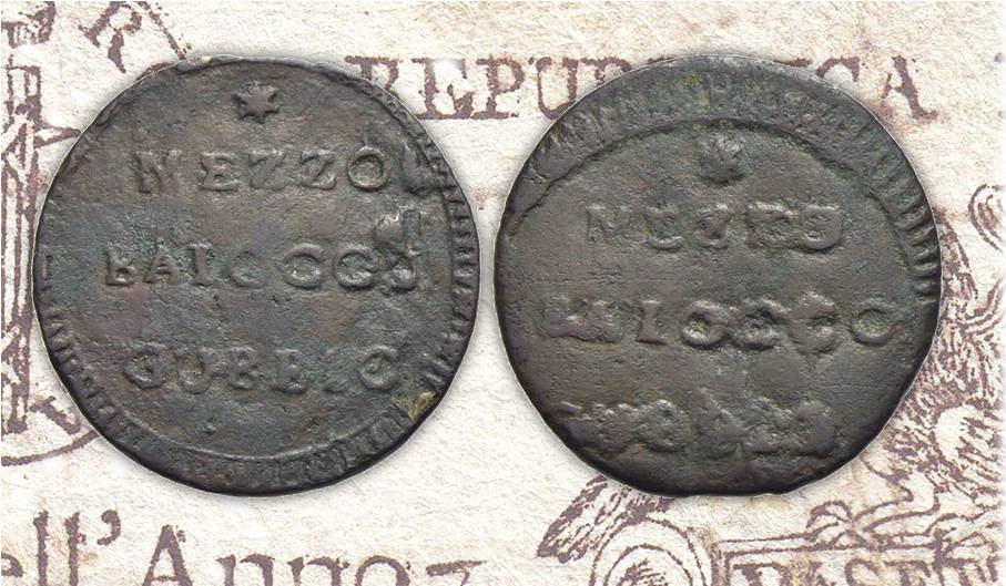 Moneta da mezzo baiocco di Gubbio, Prima Repubblica Romana, con doppia impronta identica (stella, valore, zecca)