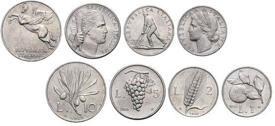 La serie 1946 delle monete repubblicane in italma (lega di alluminio) derivata da quella con scritta ITALIA ideata nel periodo della Luogotenenza